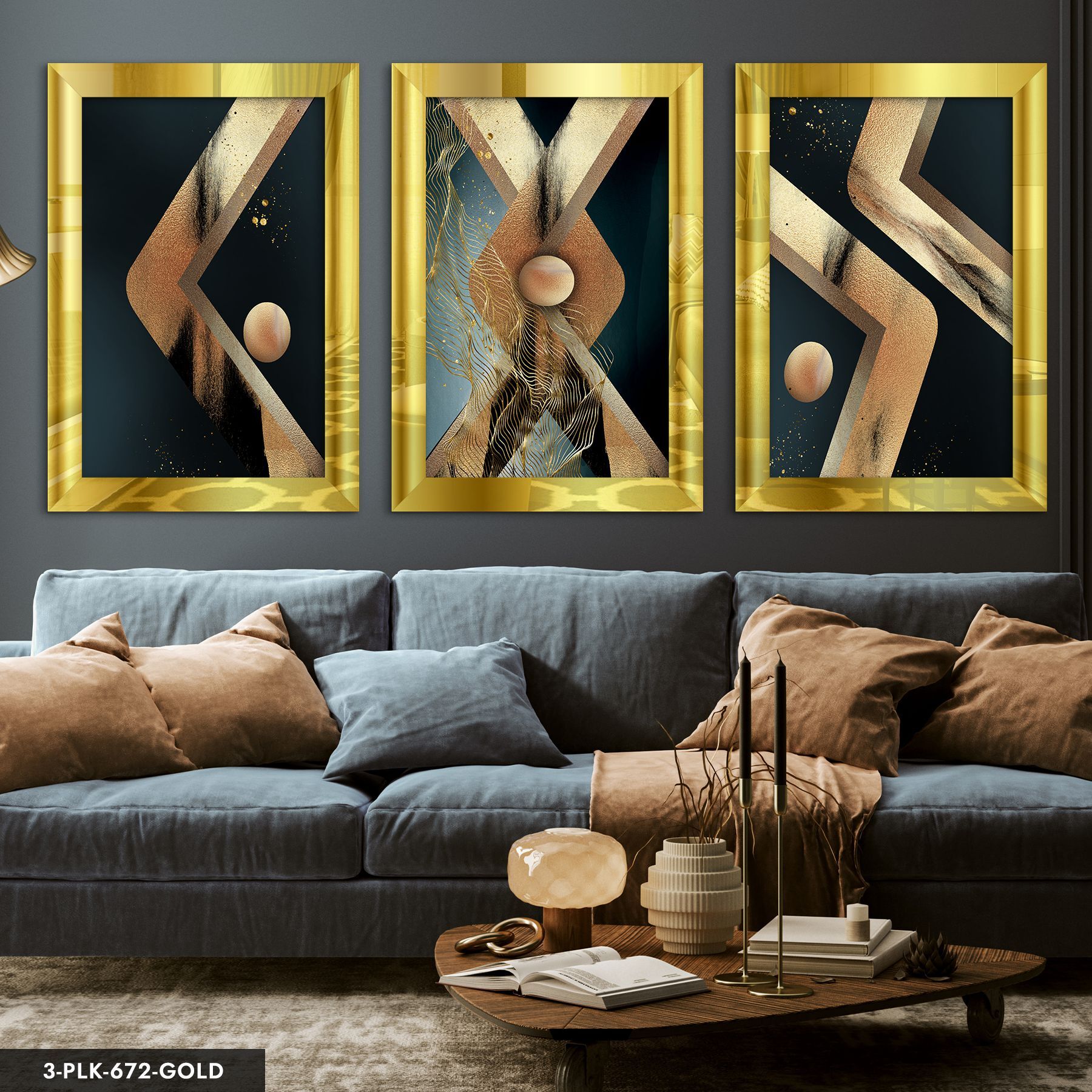 Gold Dairesel Soyut Sanat 3 Parça Pleksi Aynalı Tablo 40 x 60 CM - Gold