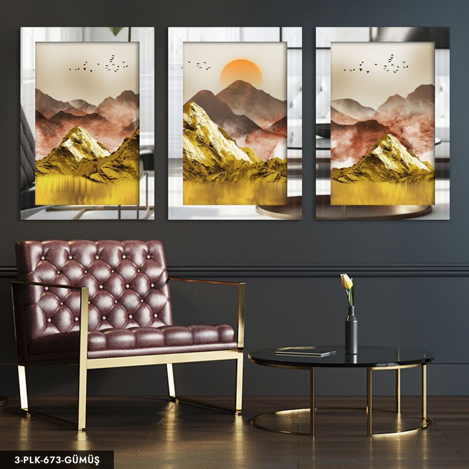 Gold Dağ ve Kuşlar 3 Parça Pleksi Aynalı Tablo 40 x 60 CM - Gümüş