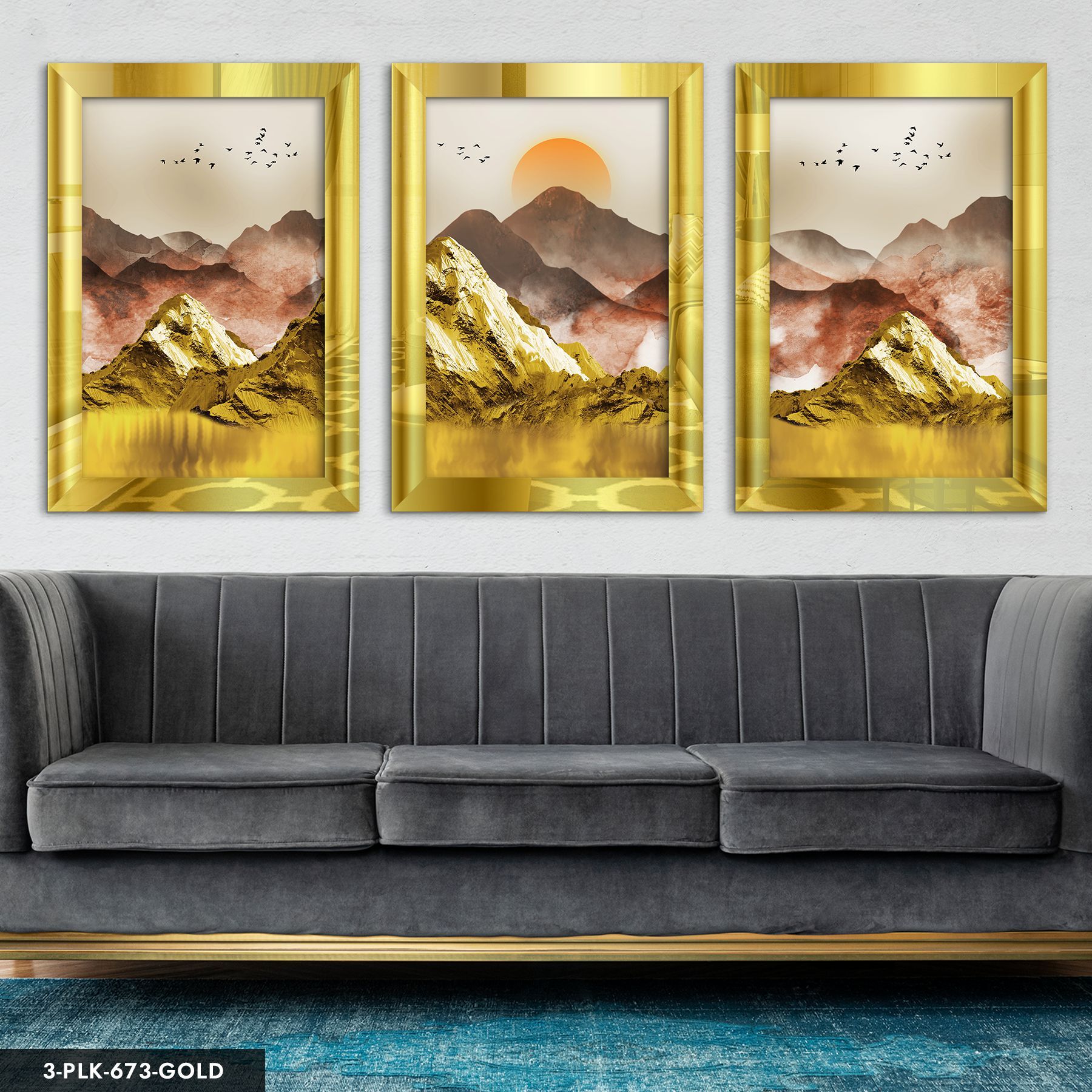 Gold Dağ ve Kuşlar 3 Parça Pleksi Aynalı Tablo 40 x 60 CM - Gold