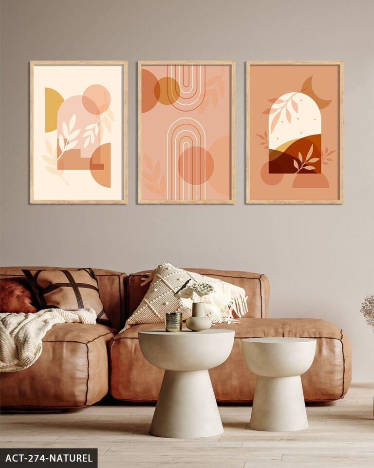 Boho Tarzında Şekiller ve Bitki 3 Parça Ahşap Çerçeveli Tablo ACT Naturel - 20 x 30 CM