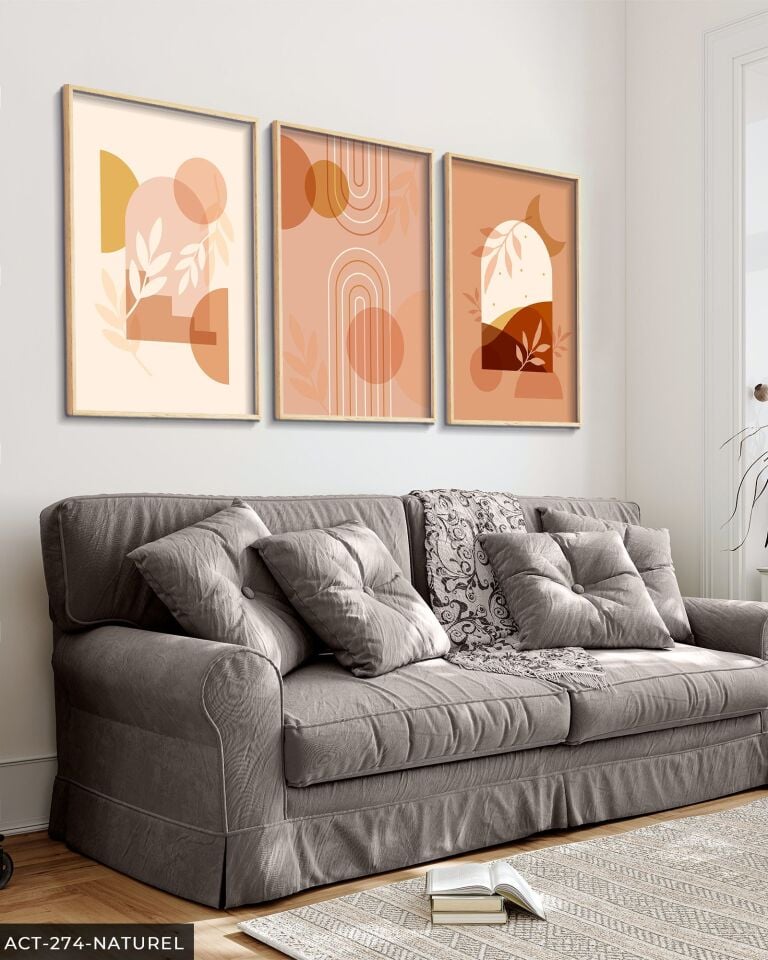 Boho Tarzında Şekiller ve Bitki 3 Parça Ahşap Çerçeveli Tablo ACT Naturel - 20 x 30 CM