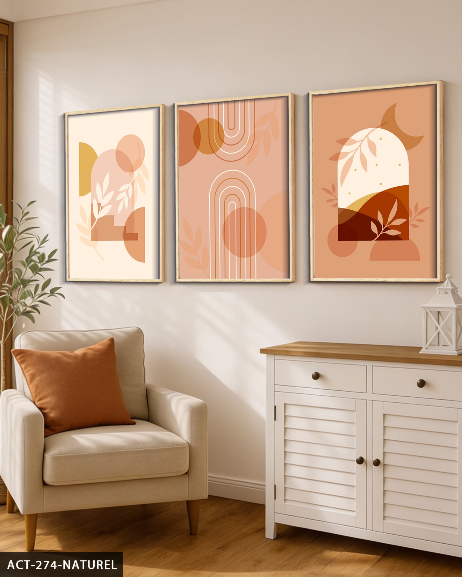 Boho Tarzında Şekiller ve Bitki 3 Parça Ahşap Çerçeveli Tablo ACT Naturel - 20 x 30 CM