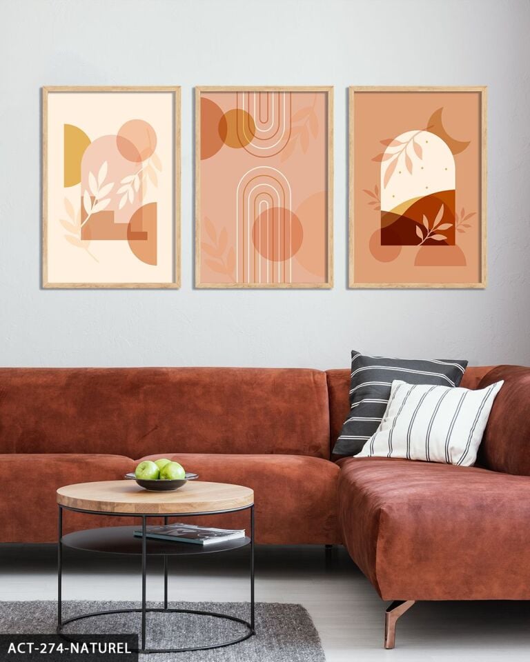 Boho Tarzında Şekiller ve Bitki 3 Parça Ahşap Çerçeveli Tablo ACT Naturel - 20 x 30 CM