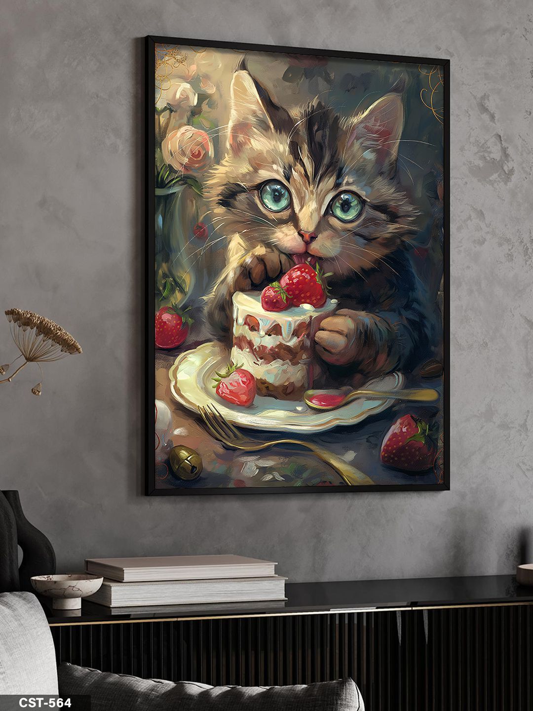 Pasta Yiyen Kedi Tek Parça Ahşap Çerçeveli Tablo Siyah - 40 x 60 CM