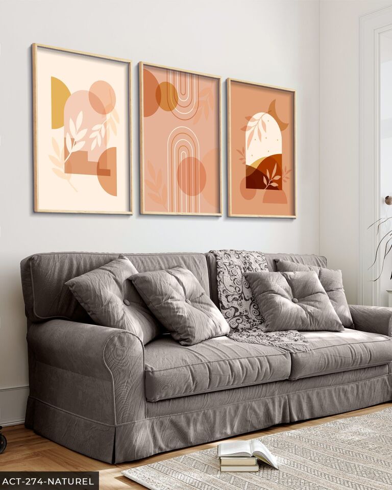 Boho Tarzında Şekiller ve Bitki 3 Parça Ahşap Çerçeveli Tablo ACT Naturel - 30 x 40 CM
