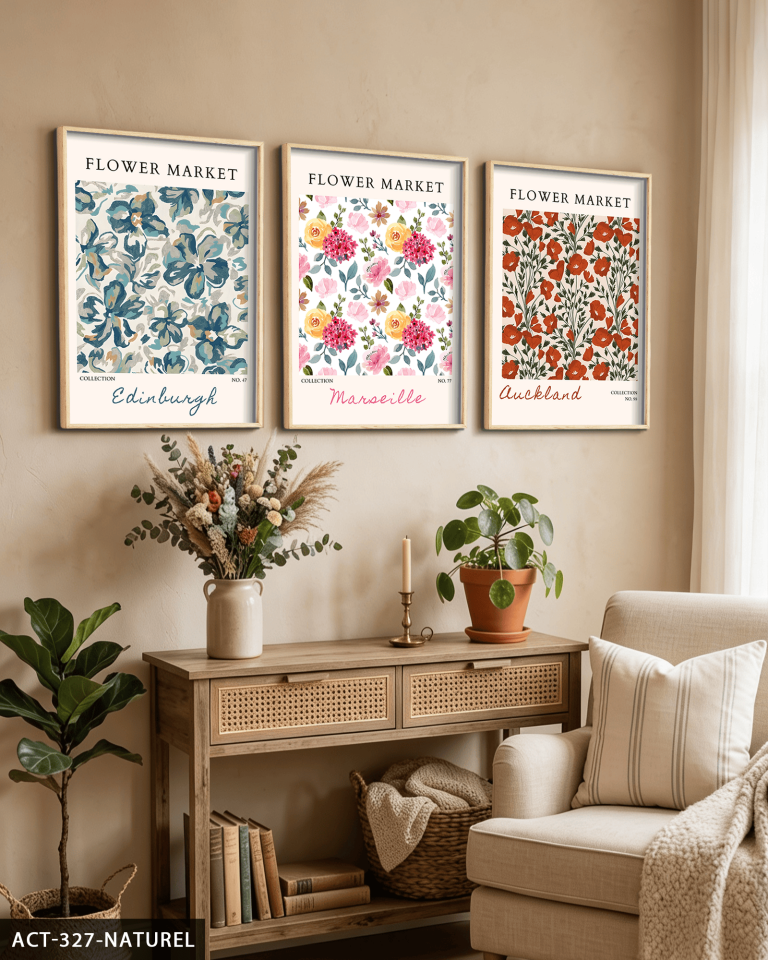 Flower Market 3 Parça Ahşap Çerçeveli Tablo ACT Naturel - 50 x 70 CM