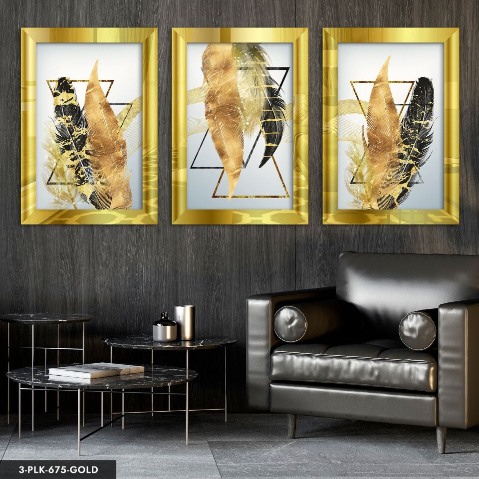 Üçgen ve Renkli Tüyler 3 Parça Pleksi Aynalı Tablo 40 x 60 CM - Gold