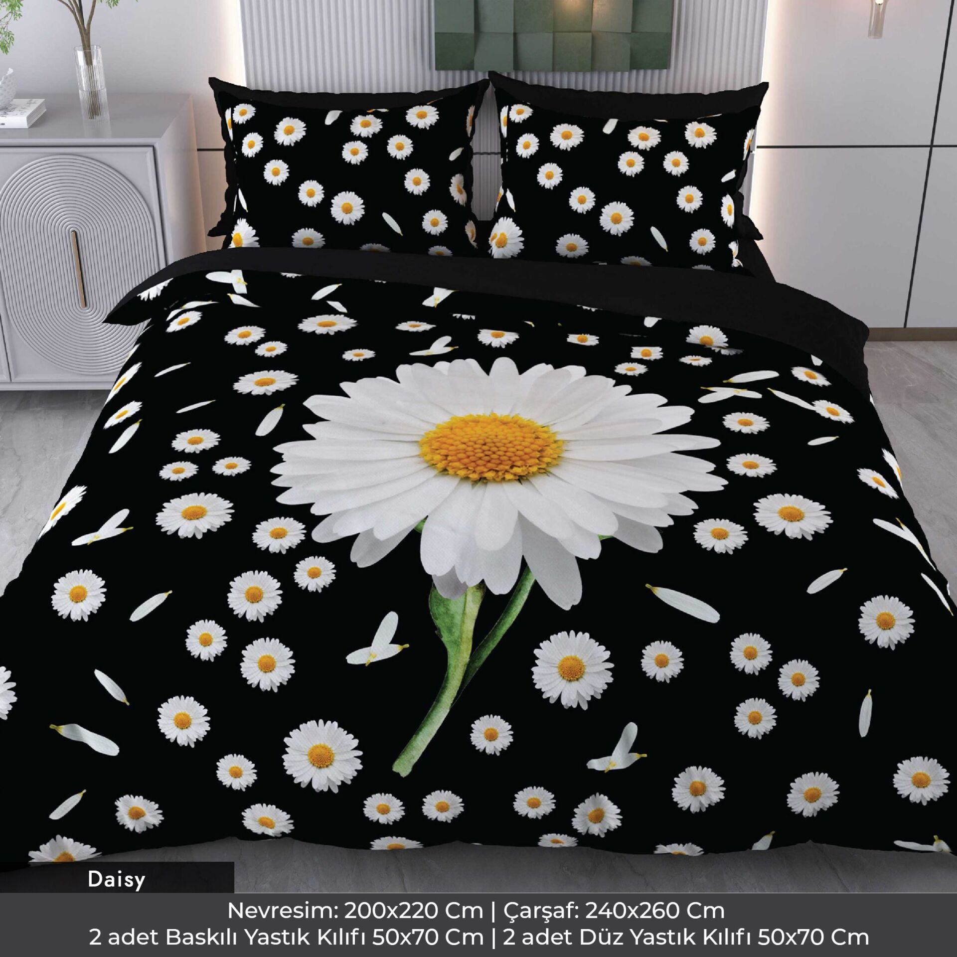 Papatyalar Dijital Baskılı 3D 3 Boyutlu Çift Kişilik Nevresim Takımı Çift Kişilik