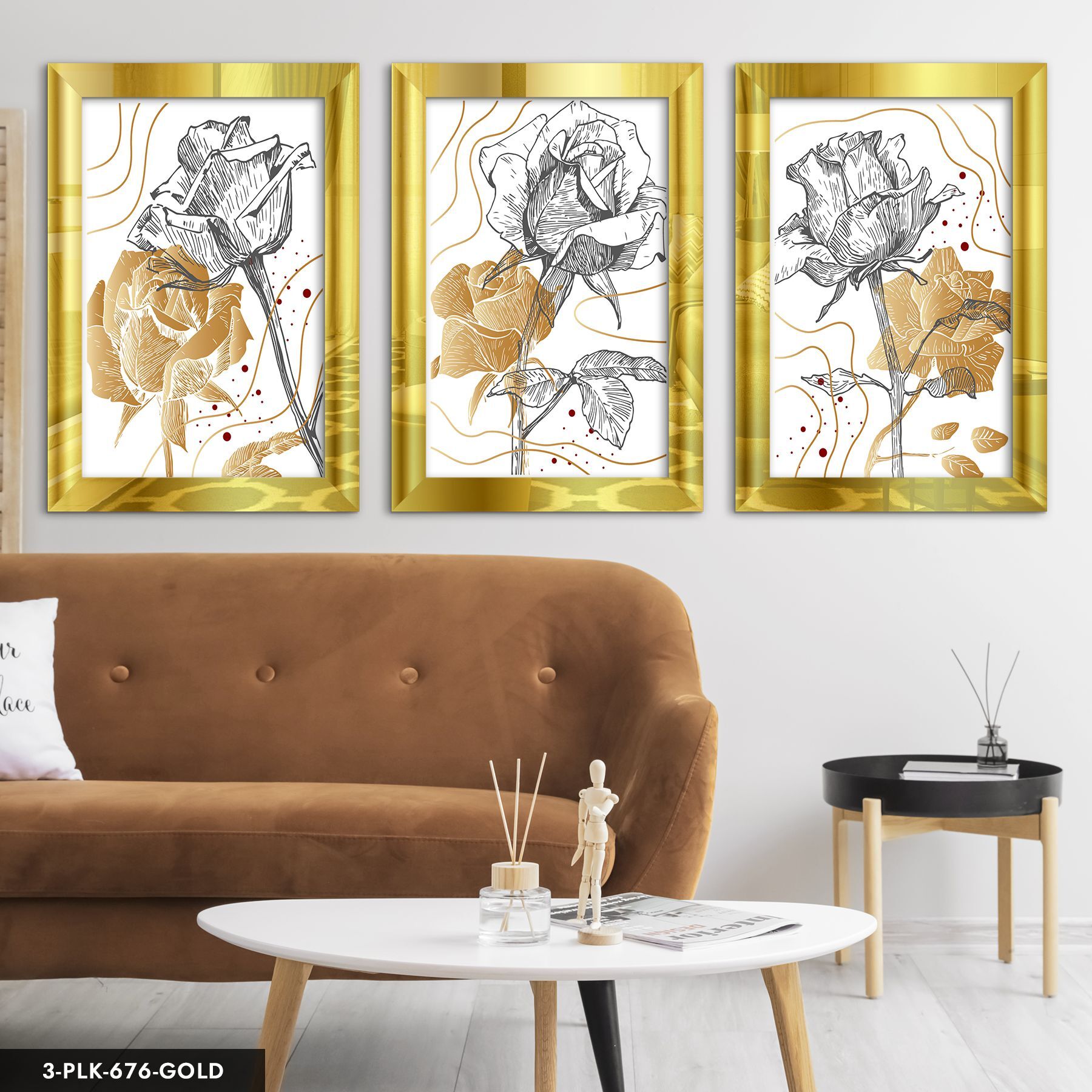 Çizgisel Gül 3 Parça Pleksi Aynalı Tablo 40 x 60 CM - Gold