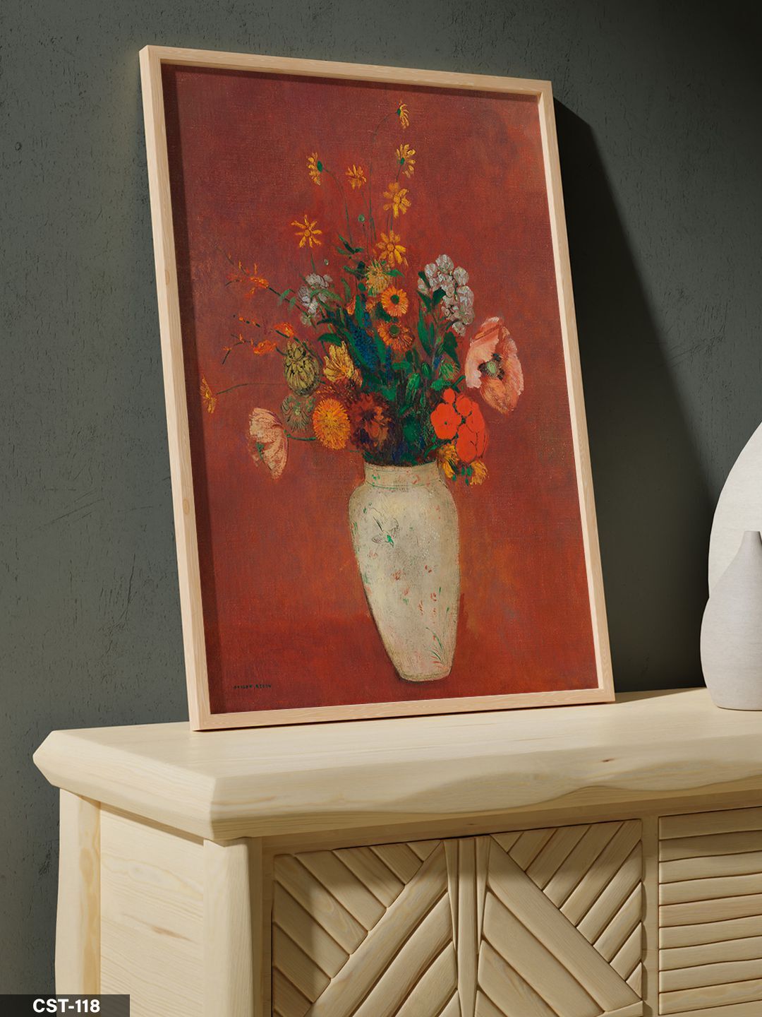 Kırmızı Fonlu Vazo Çiçek Tek Parça Ahşap Çerçeveli Tablo Naturel - 20 x 30 CM