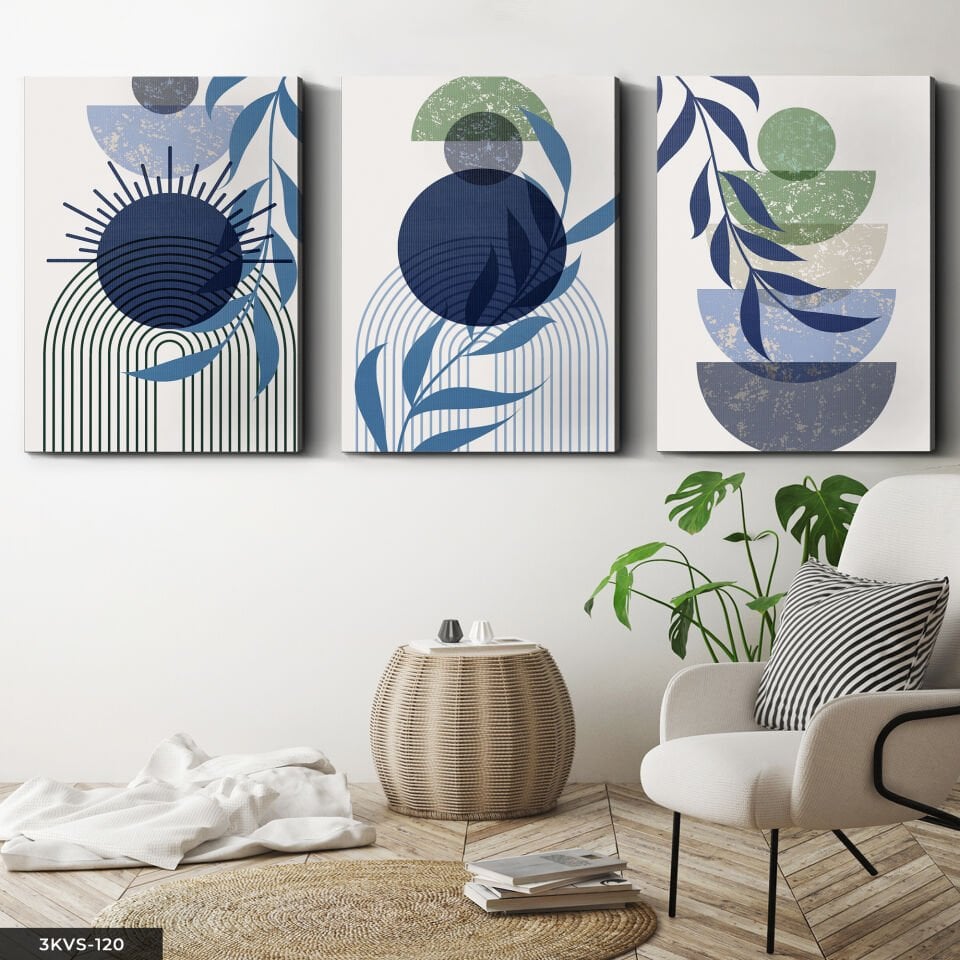 Minimalist Boho Tarzı Yaprak 3 Parça Kanvas - Canvas Tablo 40 x 30 CM