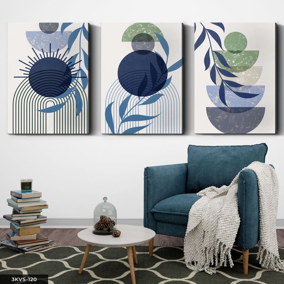 Minimalist Boho Tarzı Yaprak 3 Parça Kanvas - Canvas Tablo 40 x 30 CM