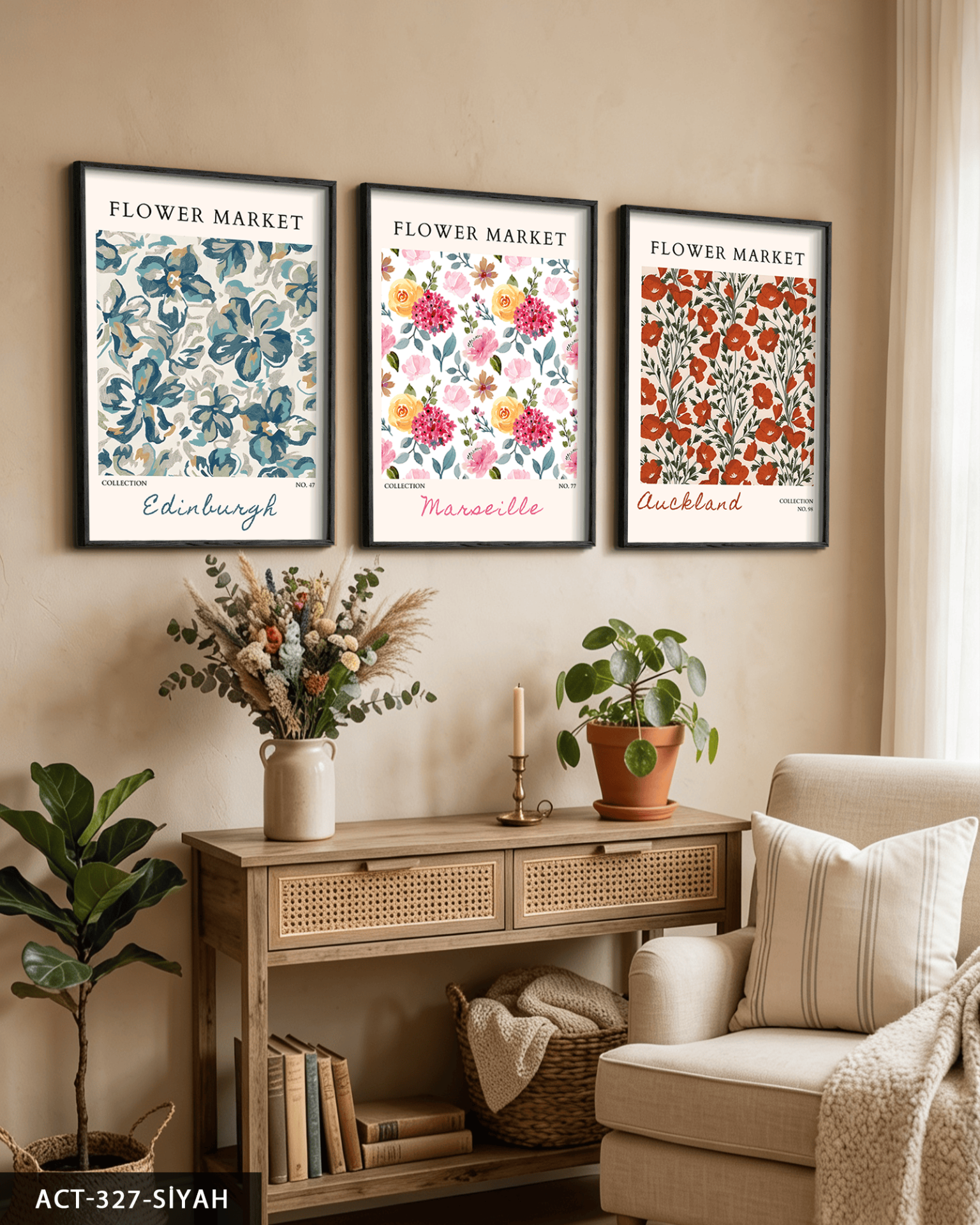 Flower Market 3 Parça Ahşap Çerçeveli Tablo ACT Siyah - 40 x 60 CM
