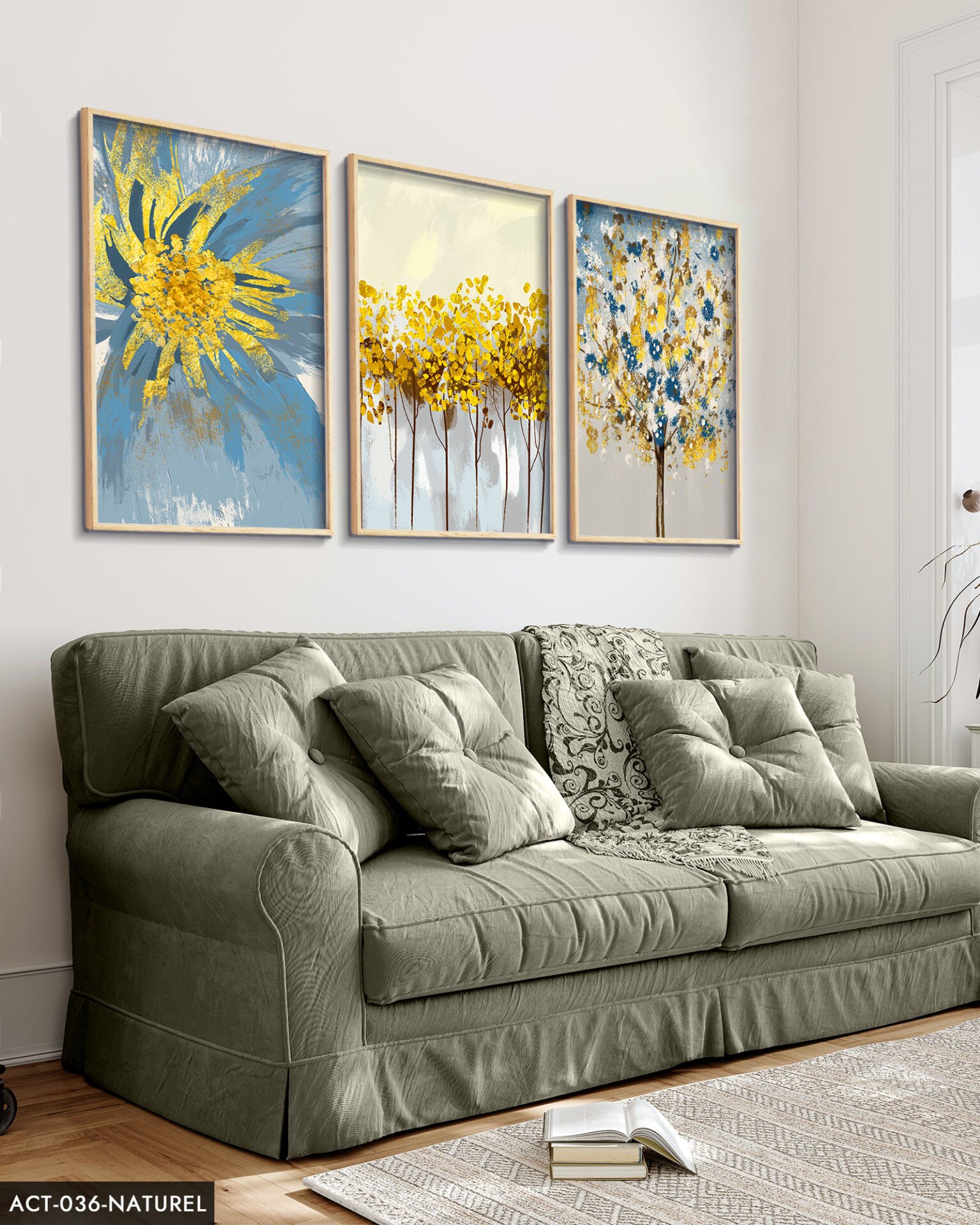 Mavi Çiçek Sulu Boya Görünümlü 3 Parça Ahşap Çerçeveli Tablo ACT Siyah - 20 x 30 CM