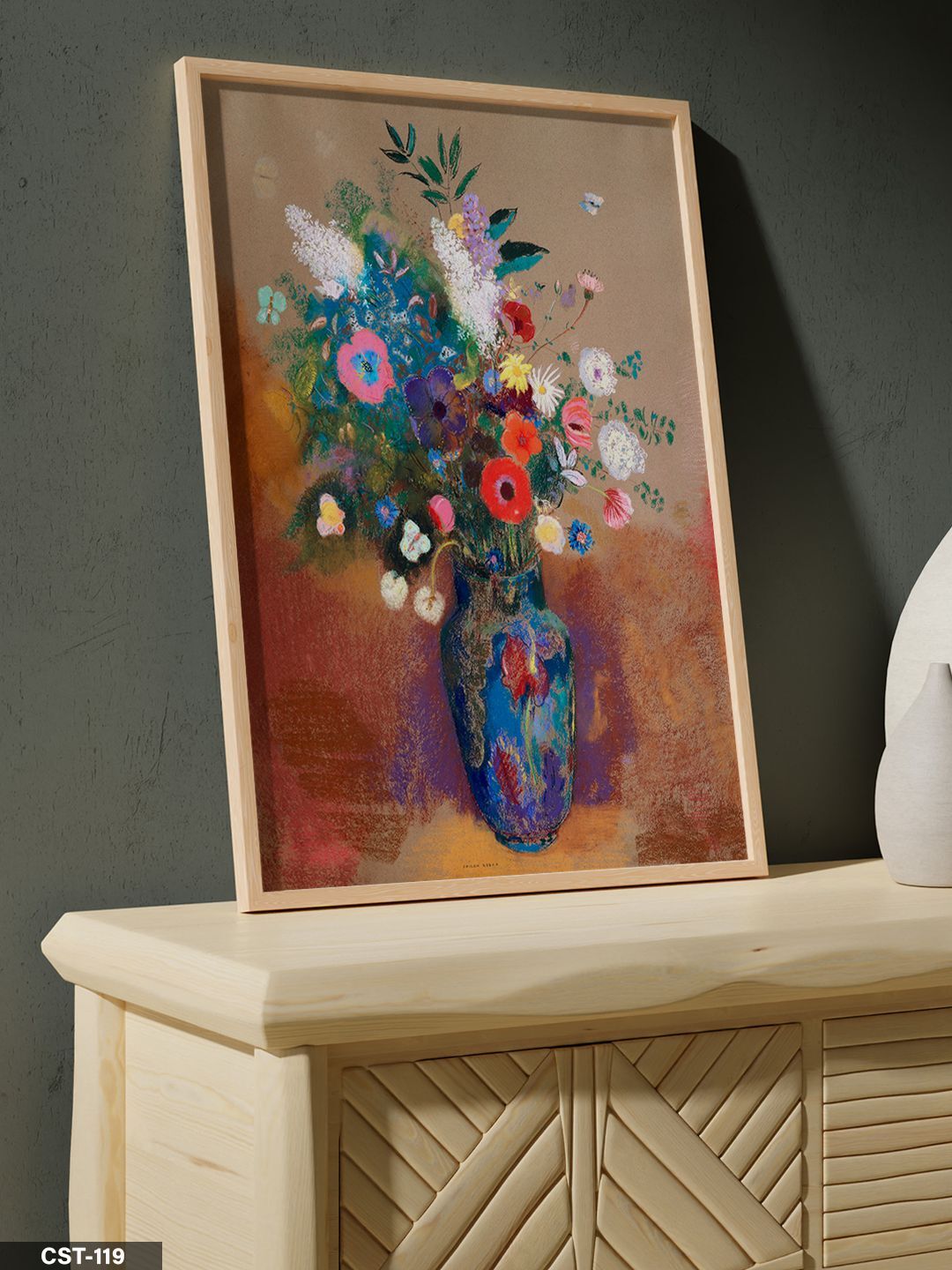 Mavi Vazo Çiçek Desen Tek Parça Ahşap Çerçeveli Tablo Naturel - 20 x 30 CM