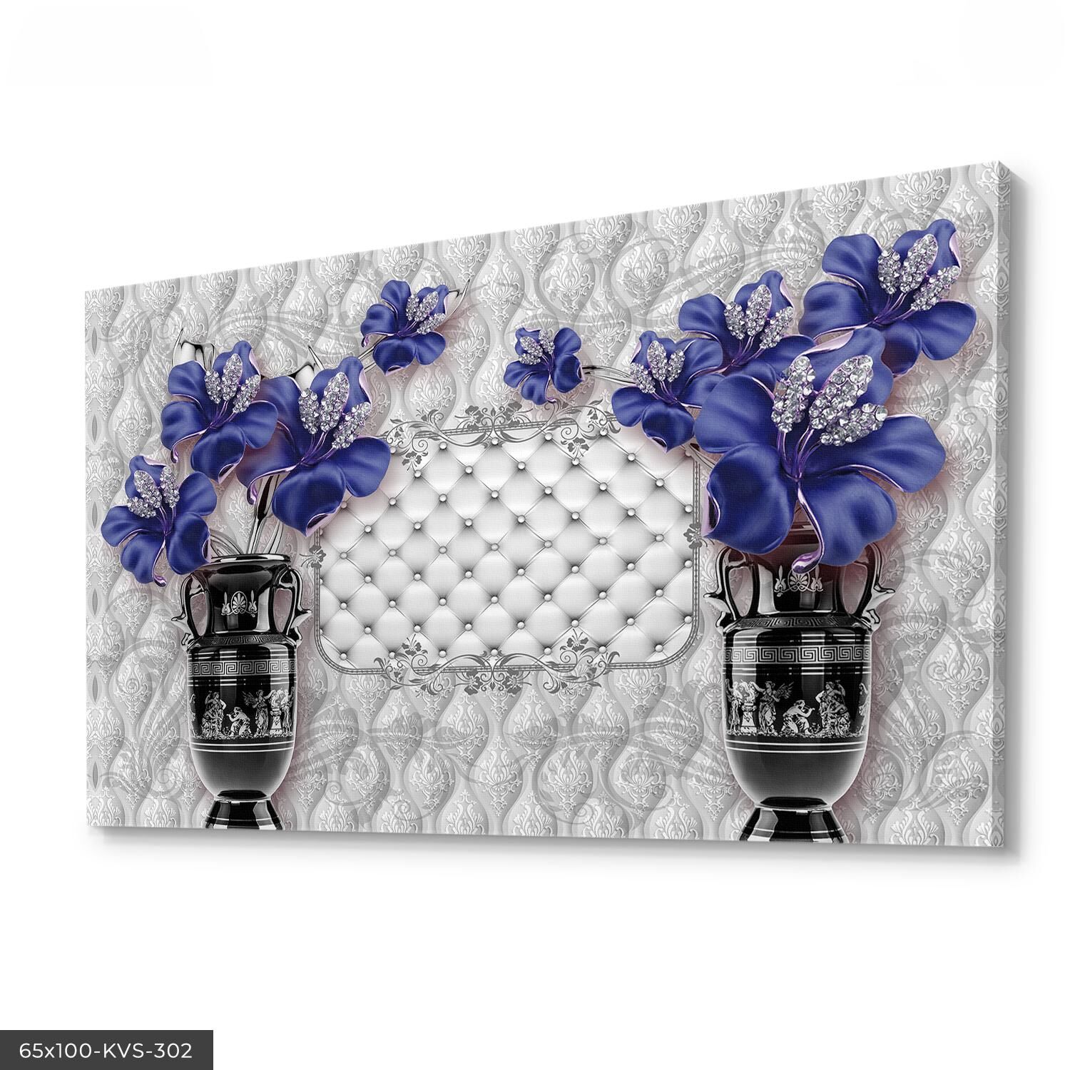 Silver Yapraklar Mor Çiçek Kanvas - Canvas Tablo 40 x 30 CM - Çok Renkli