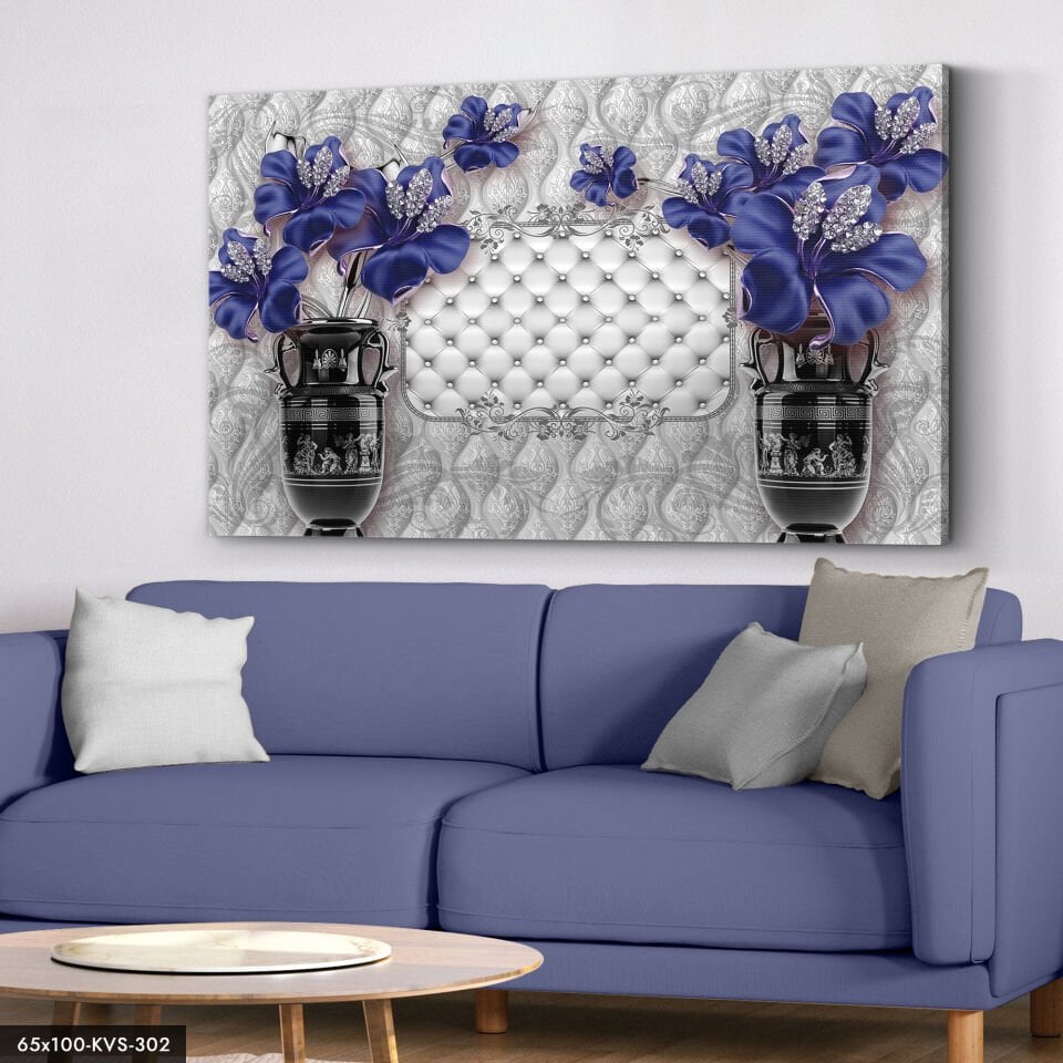 Silver Yapraklar Mor Çiçek Kanvas - Canvas Tablo