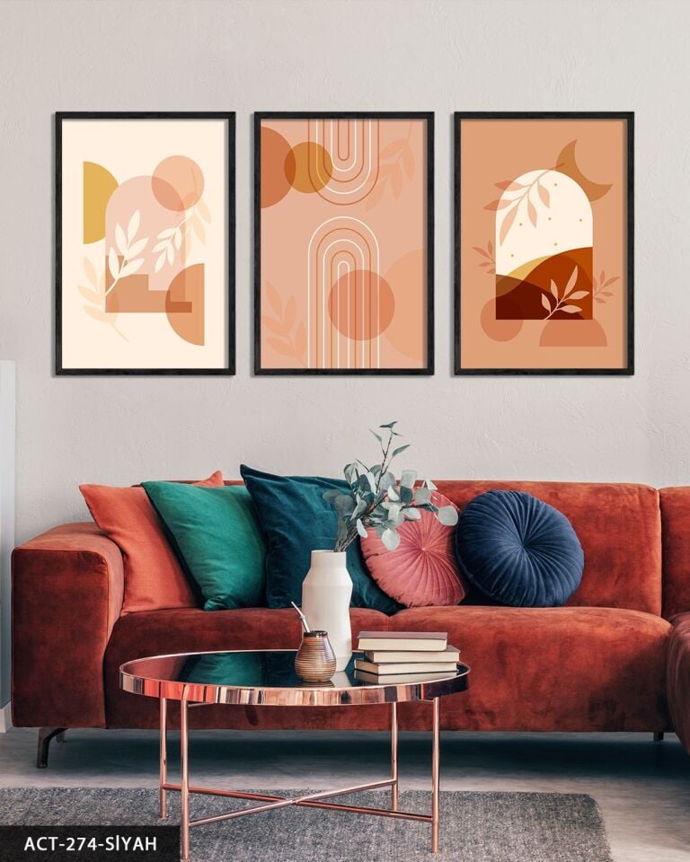 Boho Tarzında Şekiller ve Bitki 3 Parça Ahşap Çerçeveli Tablo ACT Siyah - 20 x 30 CM