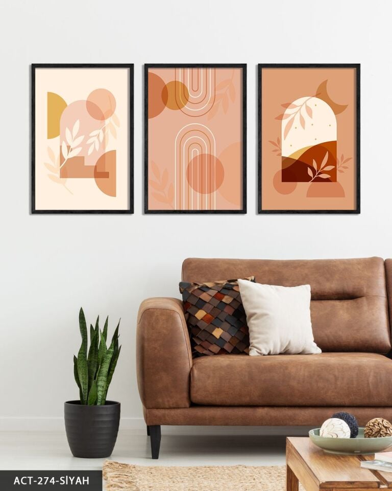 Boho Tarzında Şekiller ve Bitki 3 Parça Ahşap Çerçeveli Tablo ACT Siyah - 20 x 30 CM