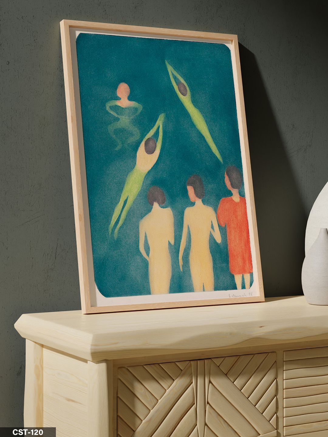 Yeşil Fonlu İnsan Figürleri illüstrasyon Tek Parça Ahşap Çerçeveli Tablo Naturel - 20 x 30 CM