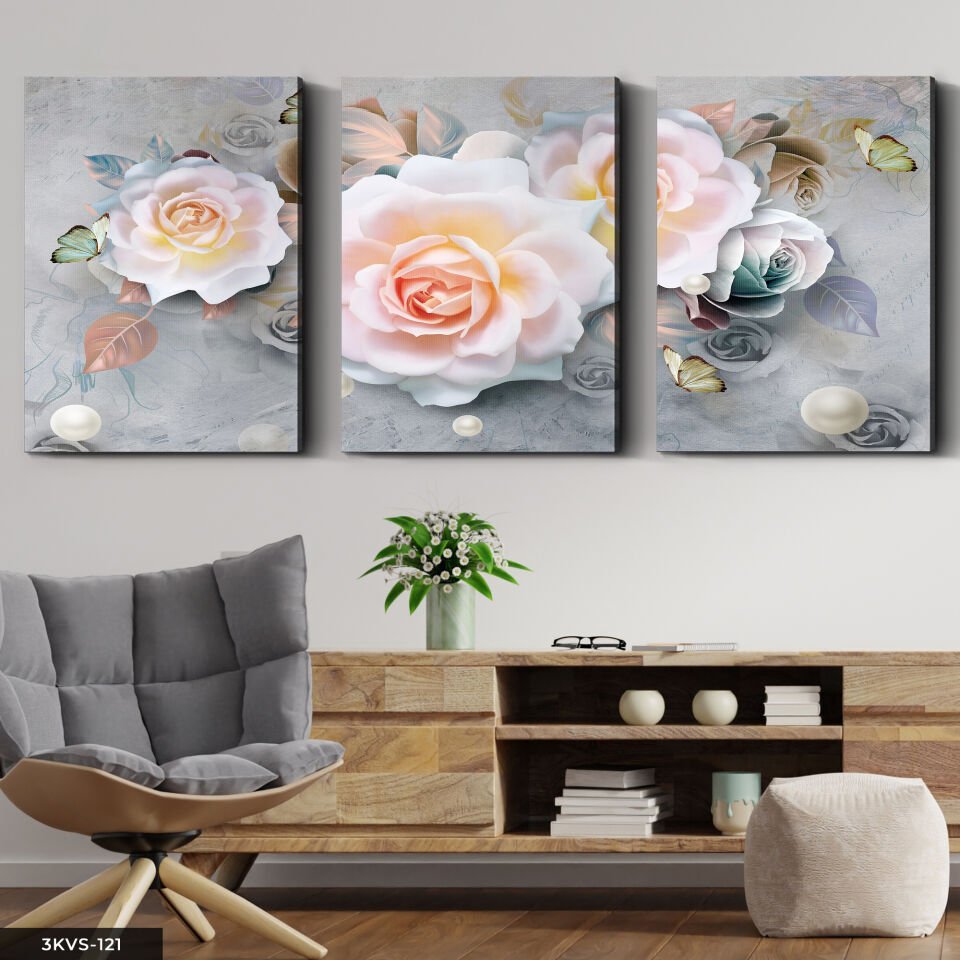 İnci ve Gül 3 Parça Kanvas - Canvas Tablo 40 x 30 CM
