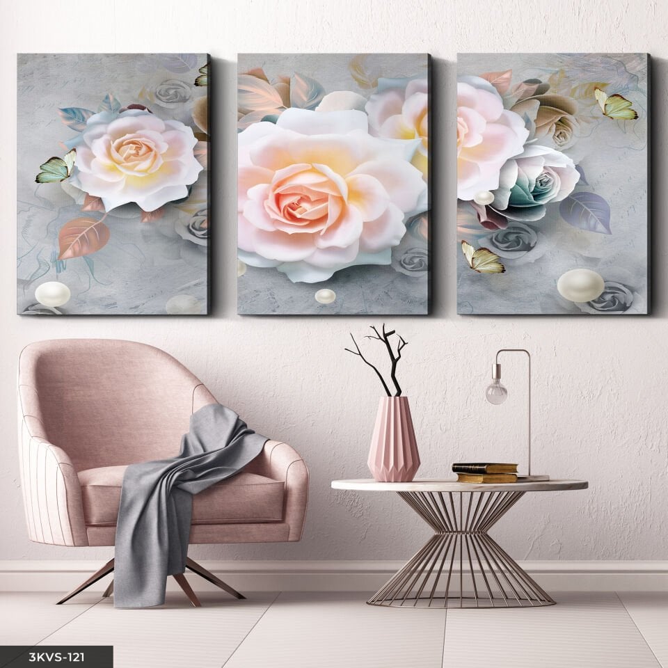 İnci ve Gül 3 Parça Kanvas - Canvas Tablo 40 x 30 CM