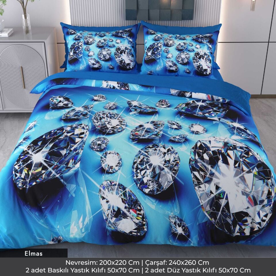 Elmaslar Dijital Baskılı 3D 3 Boyutlu Çift Kişilik Nevresim Takımı Çift Kişilik