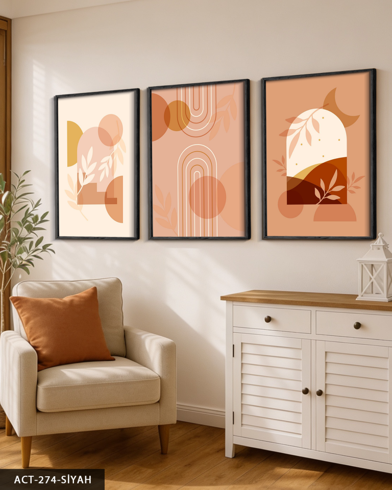 Boho Tarzında Şekiller ve Bitki 3 Parça Ahşap Çerçeveli Tablo ACT Siyah - 30 x 40 CM