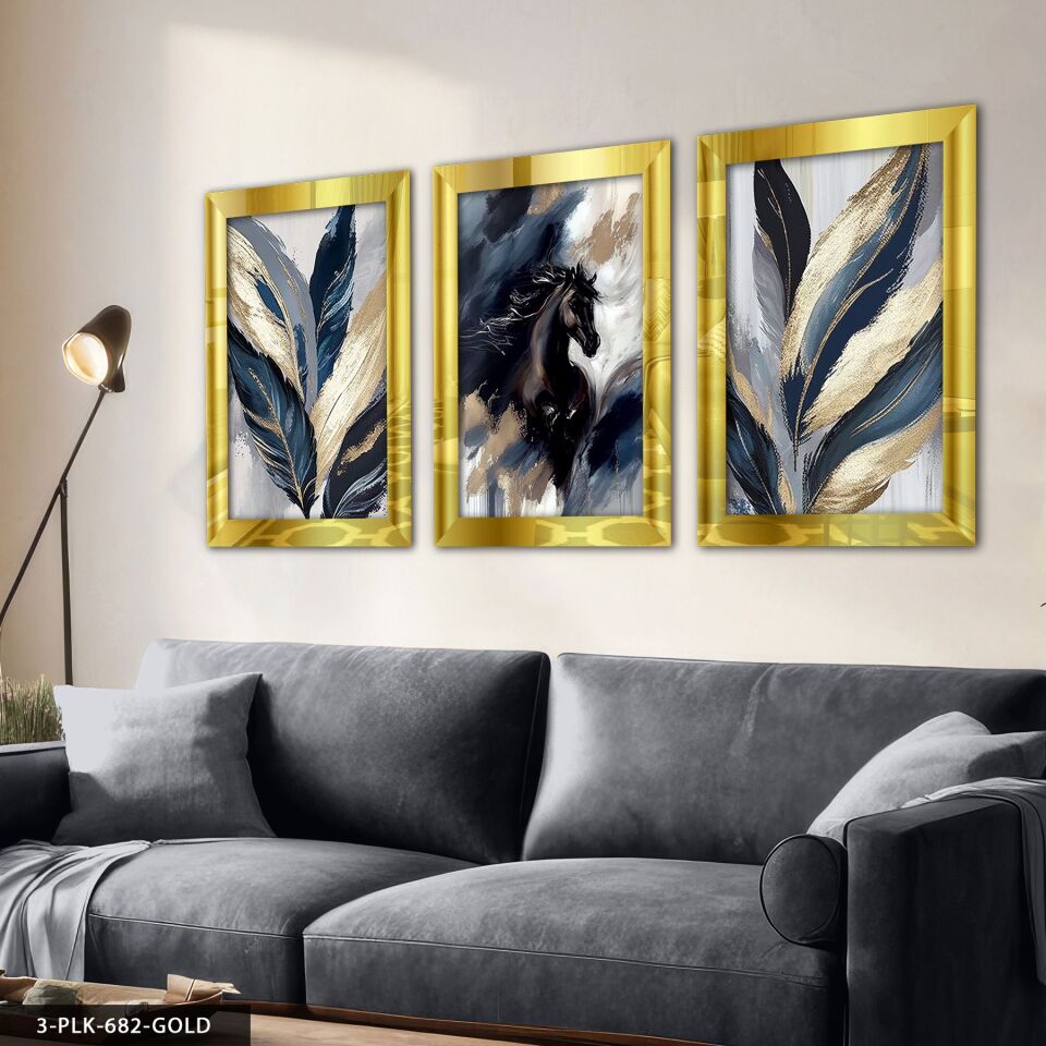 Siyah At ve Yaprak 3 Parça Pleksi Aynalı Tablo 40 x 60 CM - Gold