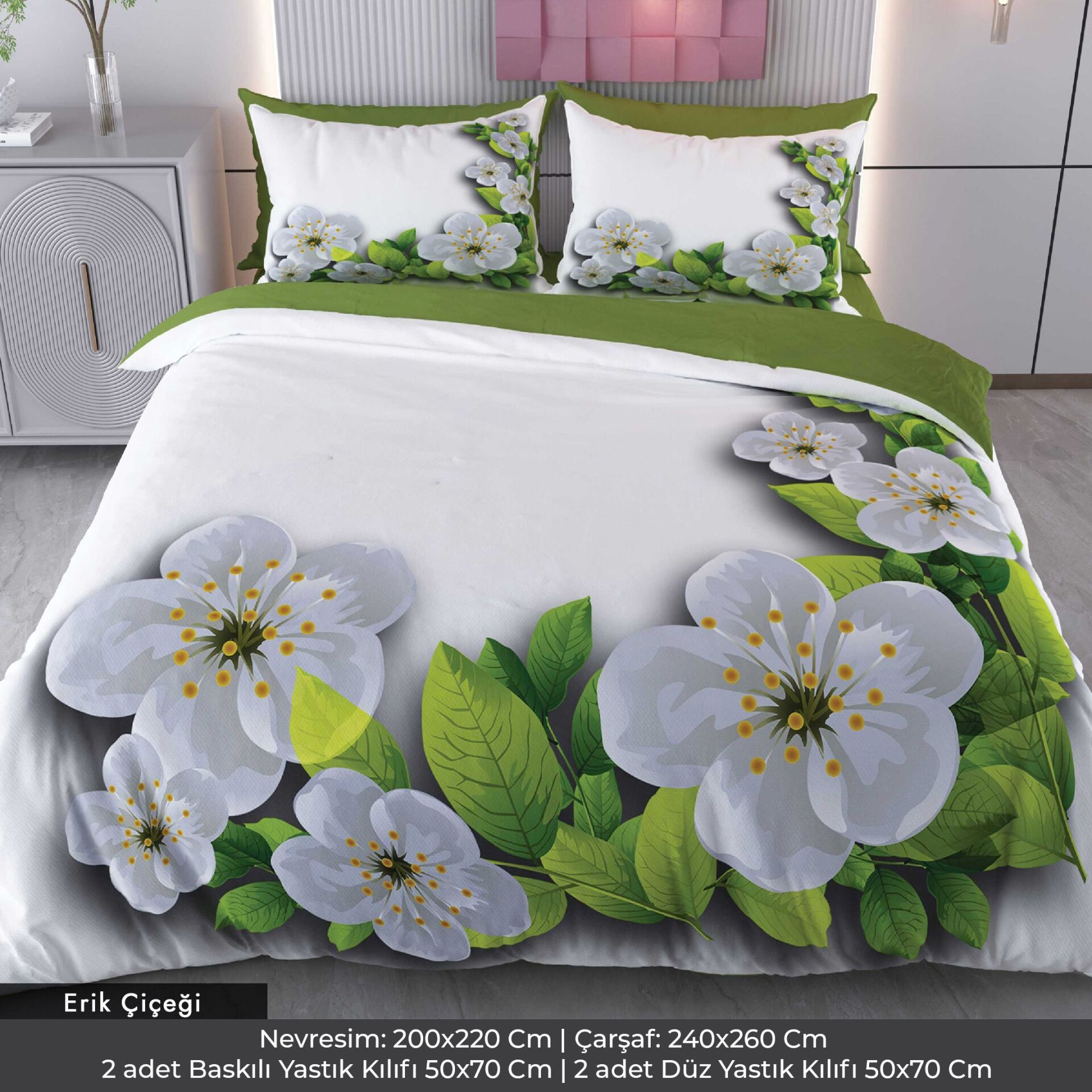 Erik Çiçeği Dijital Baskılı 3D 3 Boyutlu Çift Kişilik Nevresim Takımı Çift Kişilik
