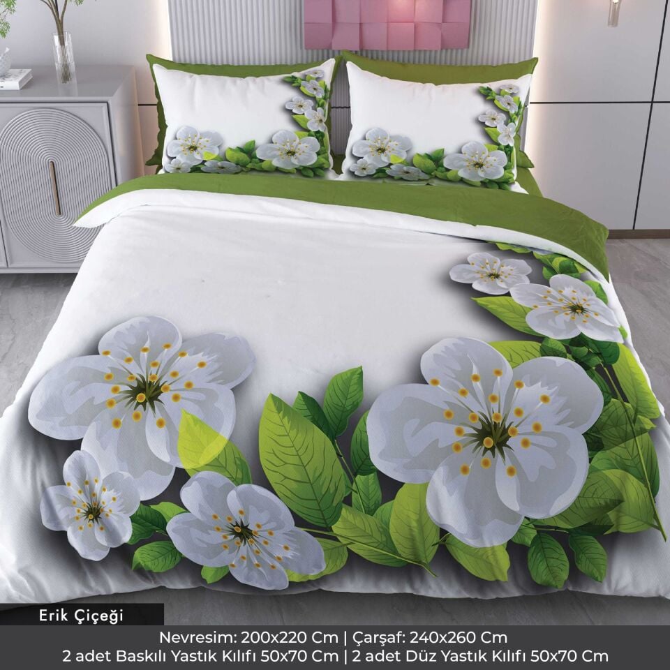 Erik Çiçeği Dijital Baskılı 3D 3 Boyutlu Çift Kişilik Nevresim Takımı Çift Kişilik