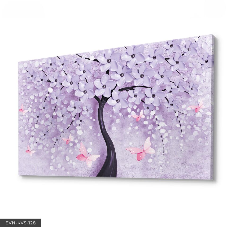 Mor Çiçekli Ağaç Tek Parça Kanvas Canvas Tablo Tablo