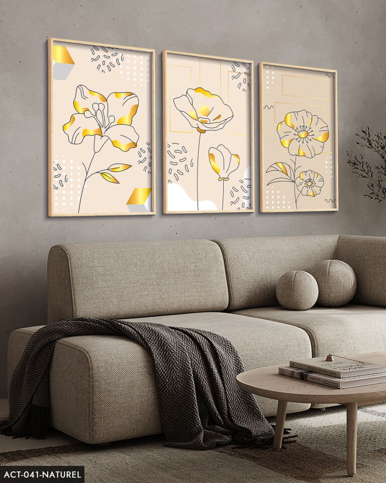 Çizim Çiçek 3 Parça Ahşap Çerçeveli Tablo ACT Siyah - 20 x 30 CM