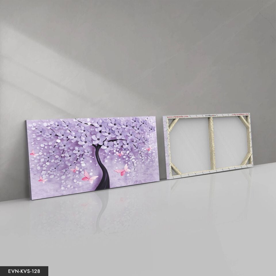 Mor Çiçekli Ağaç Tek Parça Kanvas Canvas Tablo Tablo 40 x 30 CM - Çok Renkli