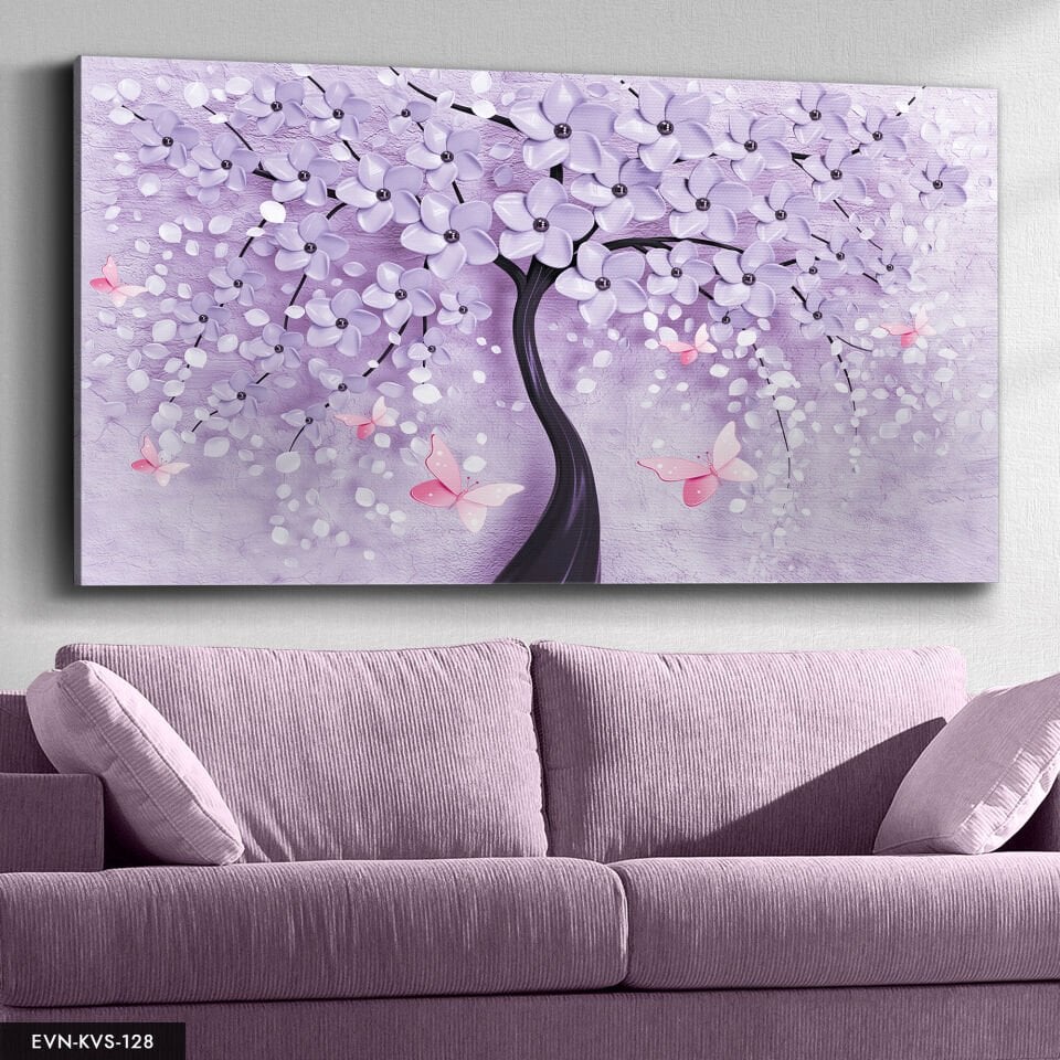 Mor Çiçekli Ağaç Tek Parça Kanvas Canvas Tablo Tablo