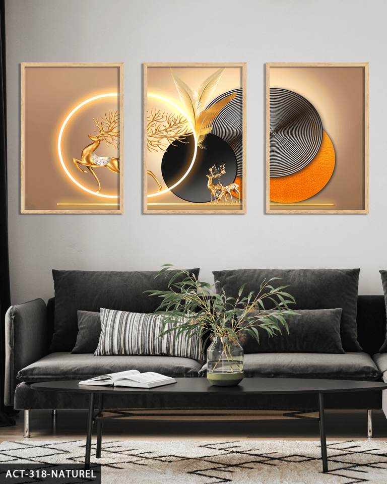 Gold Geyik Yuvarlak Desenler 3 Parça Ahşap Çerçeveli Tablo ACT Naturel - 20 x 30 CM