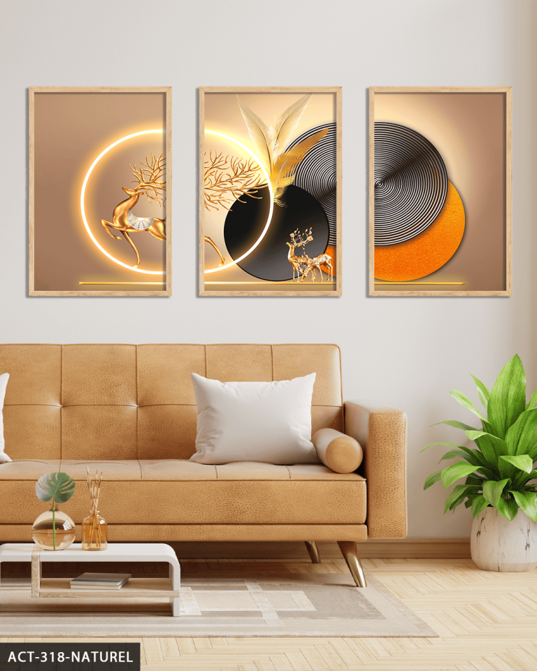 Gold Geyik Yuvarlak Desenler 3 Parça Ahşap Çerçeveli Tablo ACT Naturel - 20 x 30 CM
