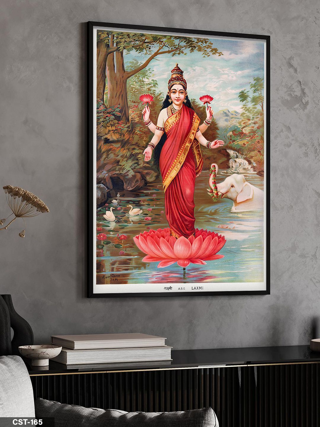 Gaja Lakshmi (Fillerle Birlikte Lakshmi) Tek Parça Ahşap Çerçeveli Tablo Siyah - 30 x 40 CM