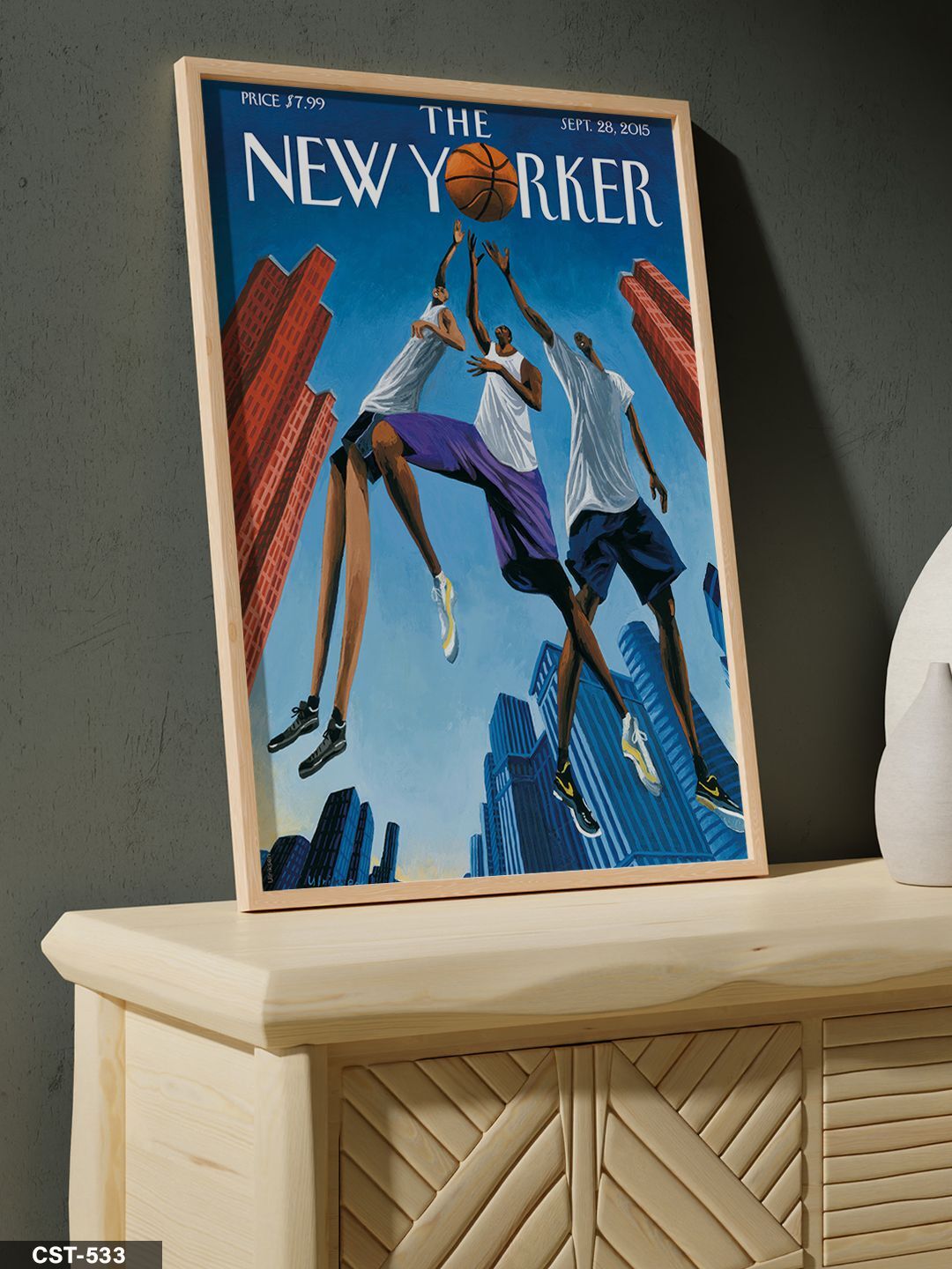 The New Yorker Poster Basketbol Tek Parça Ahşap Çerçeveli Tablo Naturel - 30 x 40 CM