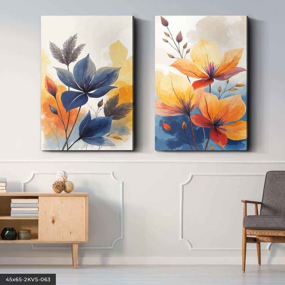 Sulu Boya Görünümlü Çiçek 2 Parça Kanvas - Canvas Tablo