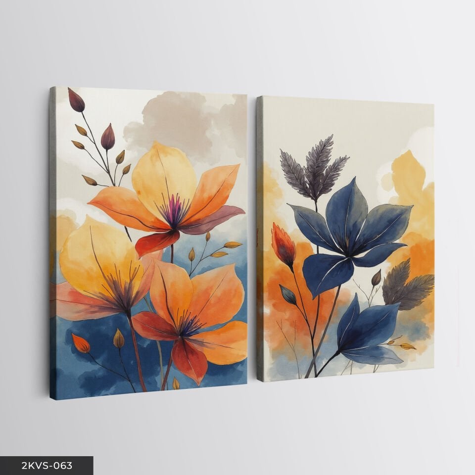 Sulu Boya Görünümlü Çiçek 2 Parça Kanvas - Canvas Tablo