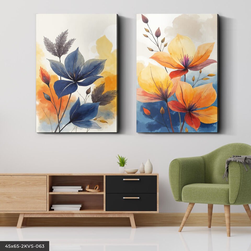 Sulu Boya Görünümlü Çiçek 2 Parça Kanvas - Canvas Tablo