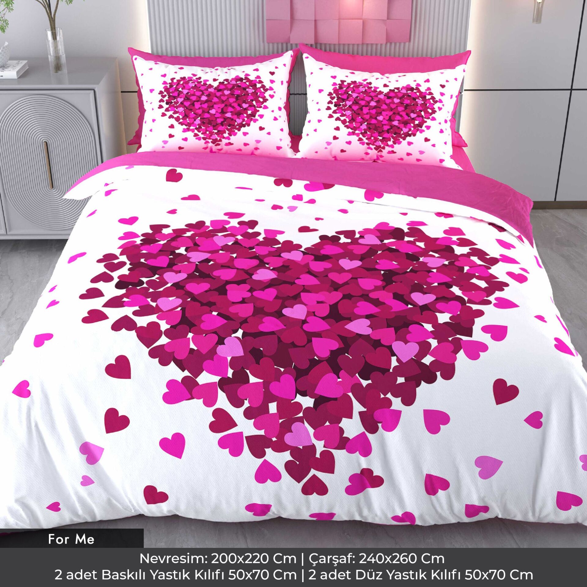 Pembe Kalpler Dijital Baskılı 3D 3 Boyutlu Çift Kişilik Nevresim Takımı Çift Kişilik