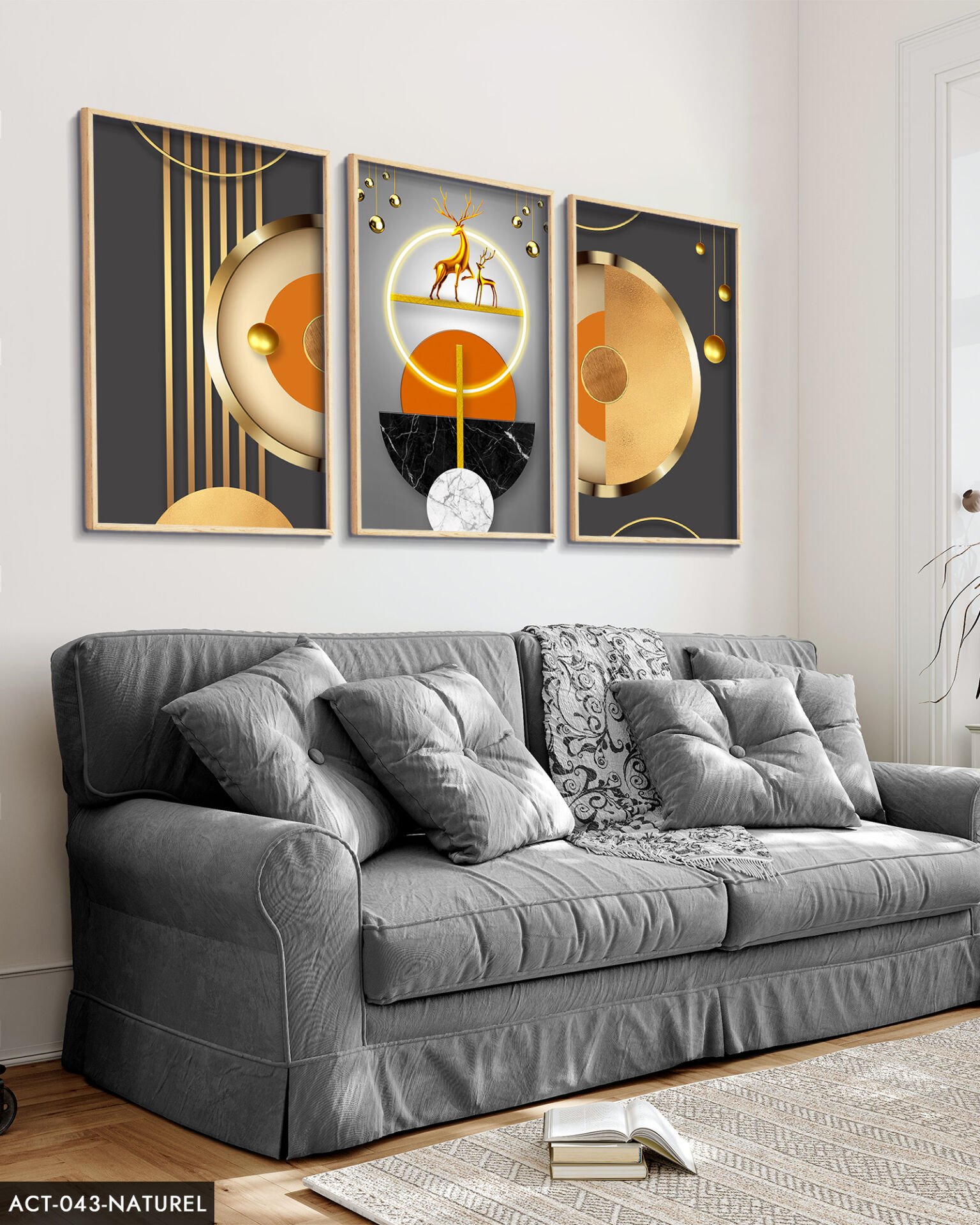 Gold, Geyik, Geometri, Soyut, Neon 3 Parça Ahşap Çerçeveli Tablo ACT Siyah - 20 x 30 CM