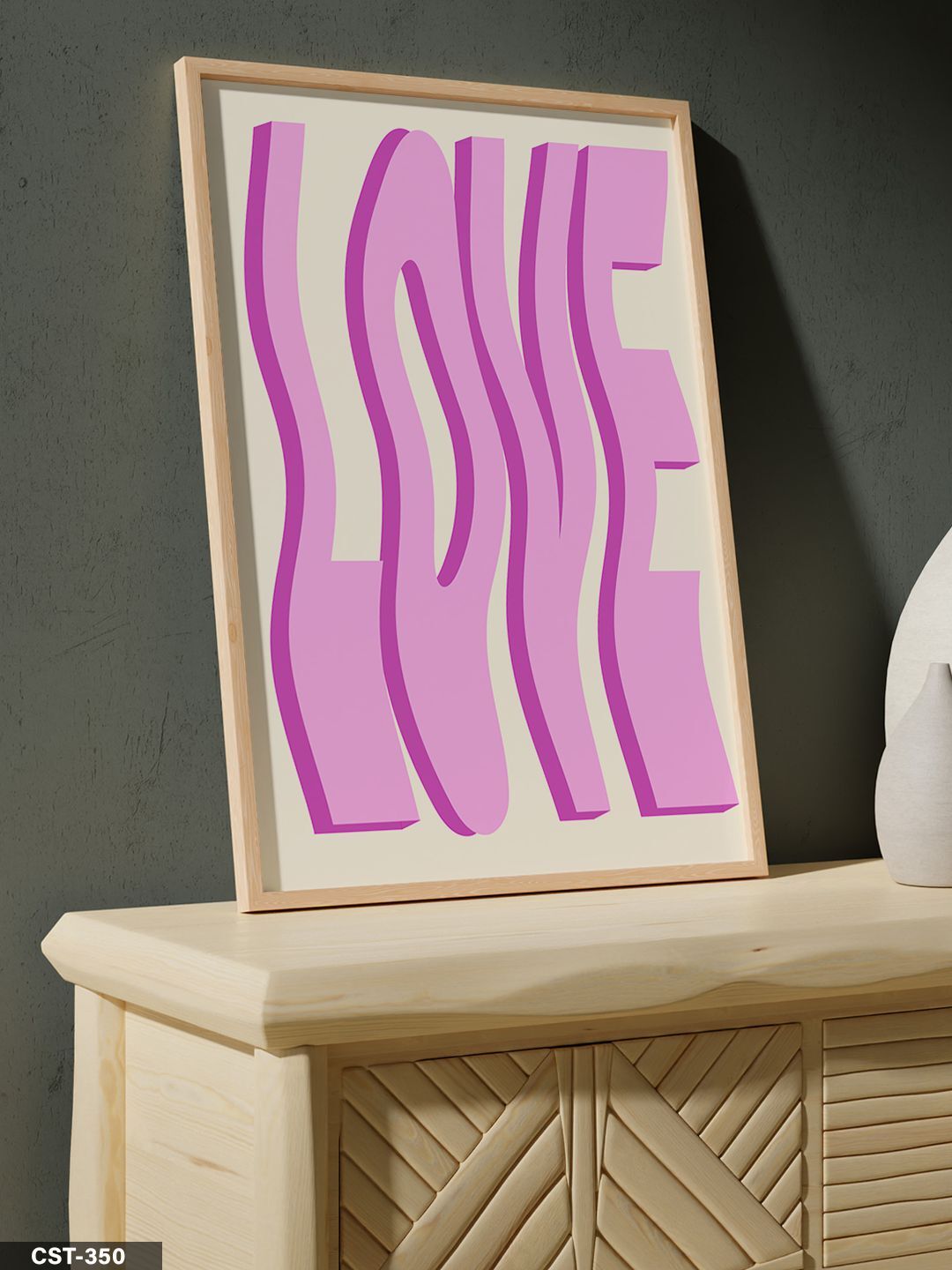 Pembe Love Tek Parça Ahşap Çerçeveli Tablo Naturel - 50 x 70 CM