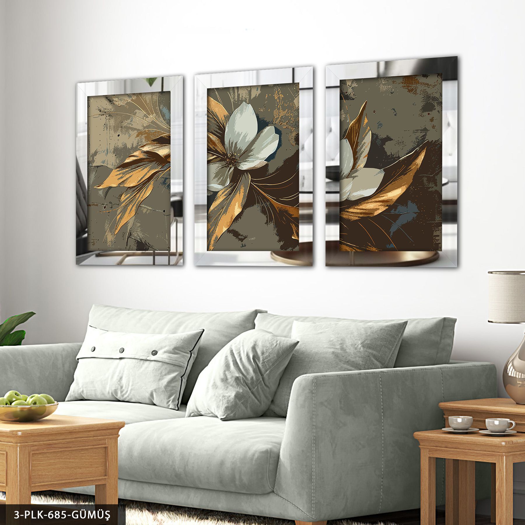 Yağlı Boya Görünümlü Gold Yapraklı Çiçek 3 Parça Pleksi Aynalı Tablo 40 x 60 CM - Gümüş