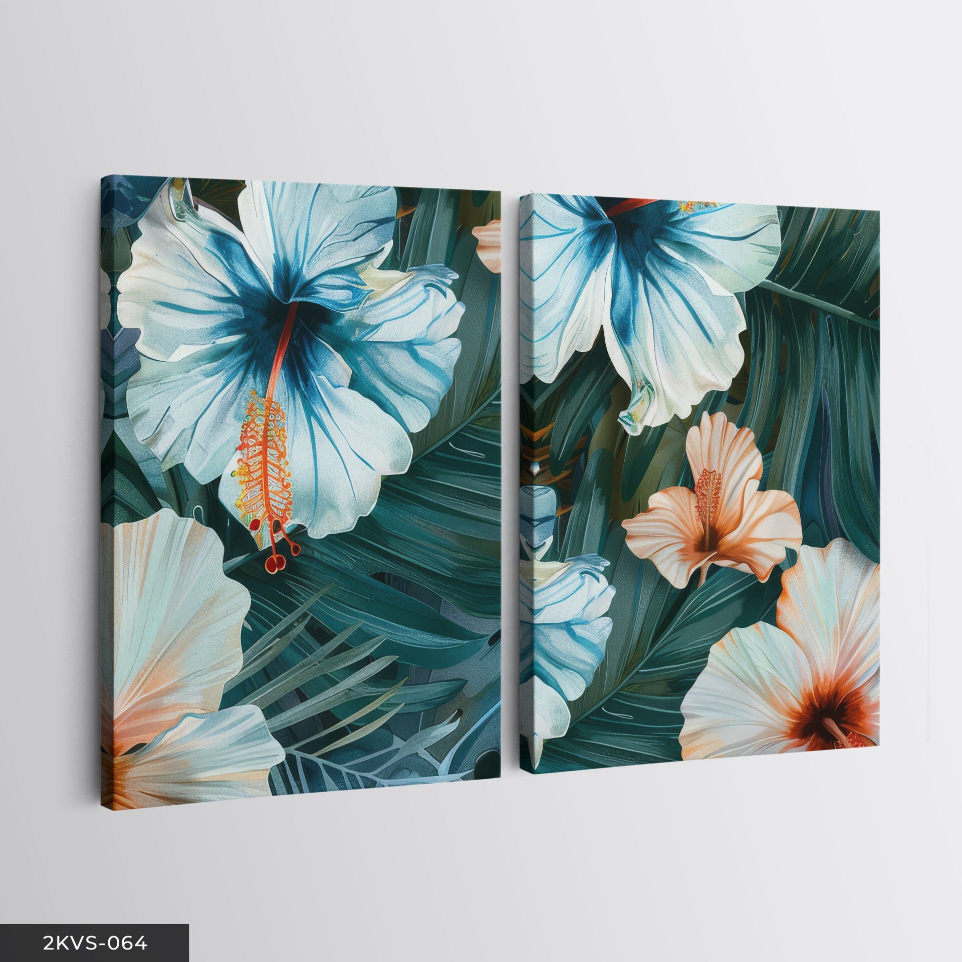 Renkli Çiçek ve Yaprak 2 Parça Kanvas - Canvas Tablo