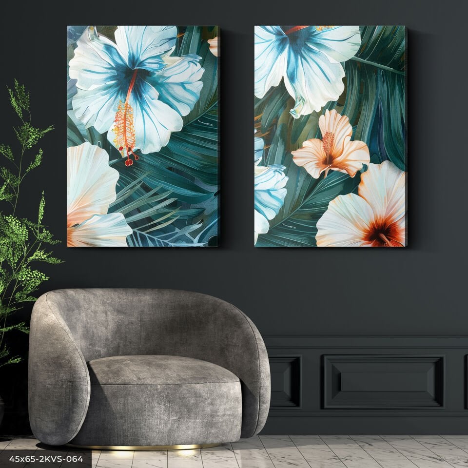 Renkli Çiçek ve Yaprak 2 Parça Kanvas - Canvas Tablo