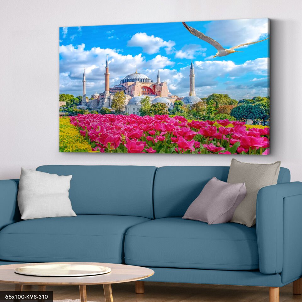 Çiçekler Arasında Cami Kanvas - Canvas Tablo