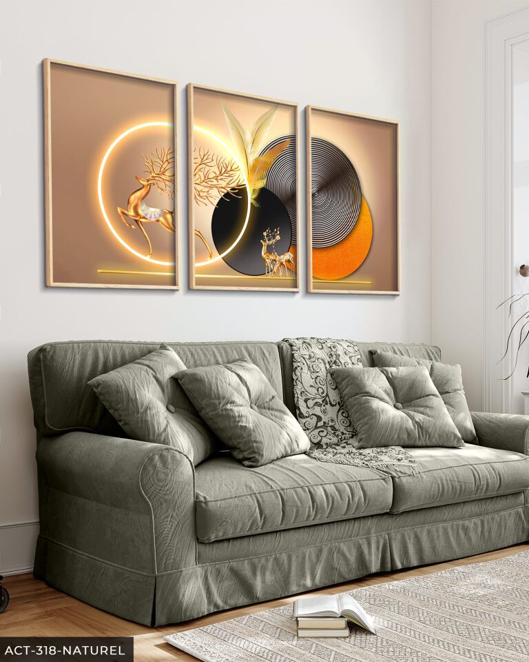 Gold Geyik Yuvarlak Desenler 3 Parça Ahşap Çerçeveli Tablo ACT Naturel - 50 x 70 CM